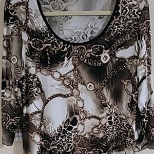 NYGARD Poly Blend 3/4 Sleeve PRINT CHAIN LINK TUNIC TOP WITH CHIFFON TRIM M